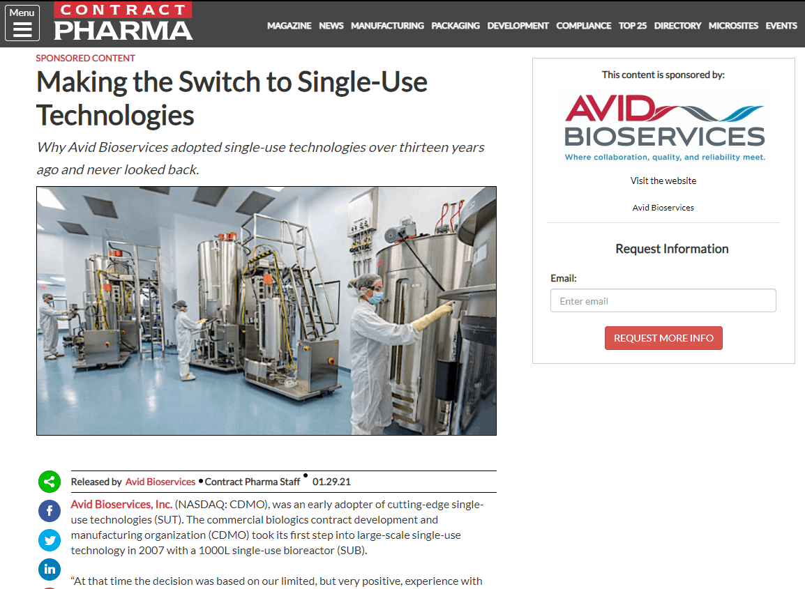 Avid Bioservices Digital Contract Pharma Article