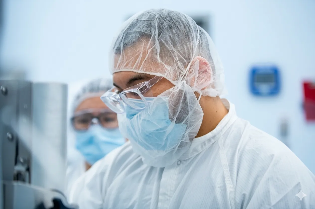 Cleanroom worker wearing a hairnet, mask, and safety goggles