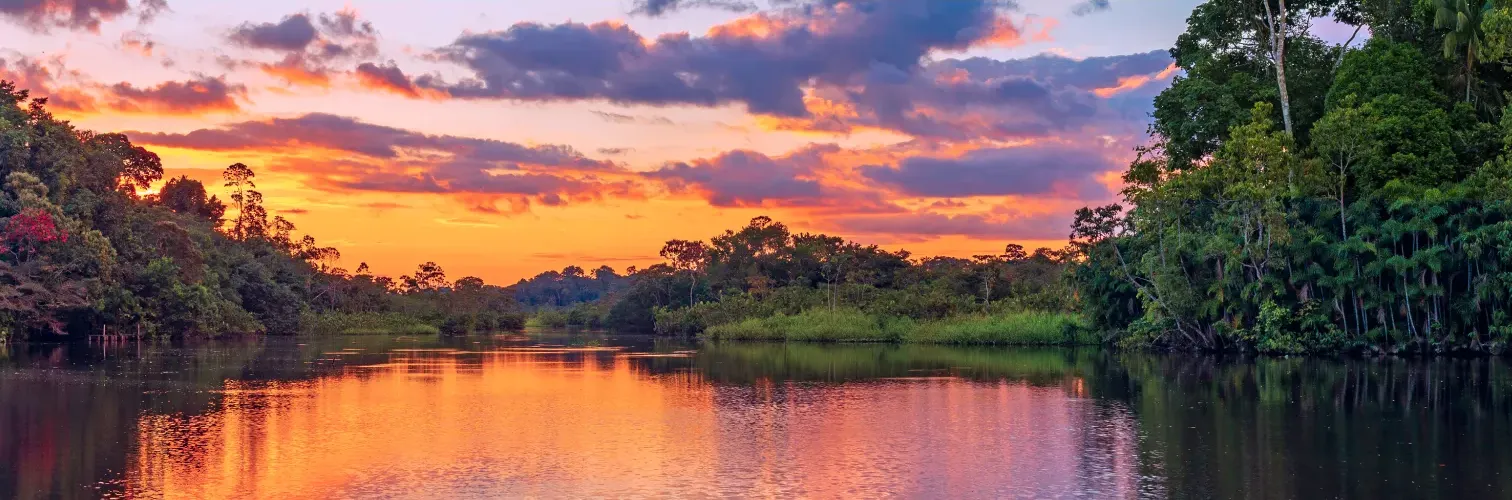 Sunset over a lake surrounded by trees