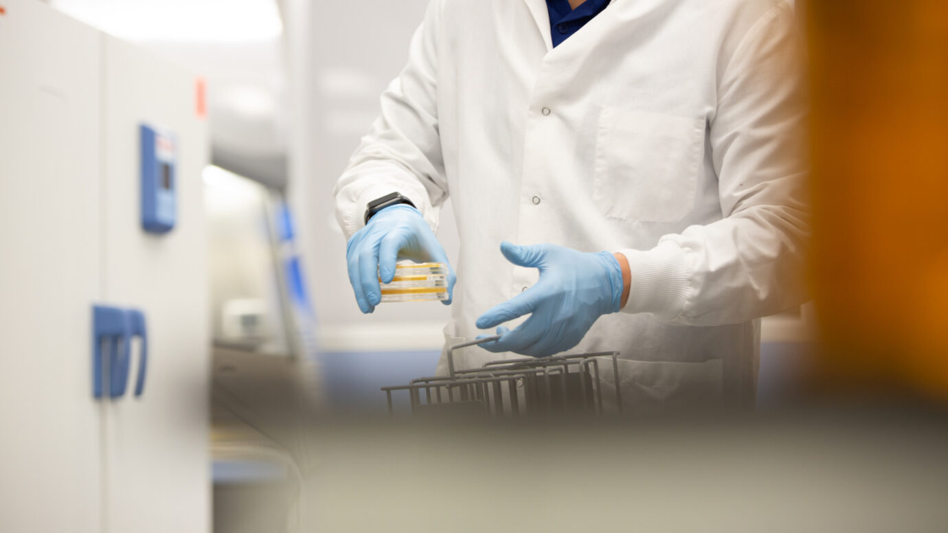 Lab technician in gloves handling a labeled cell culture flask in a lab freezer area